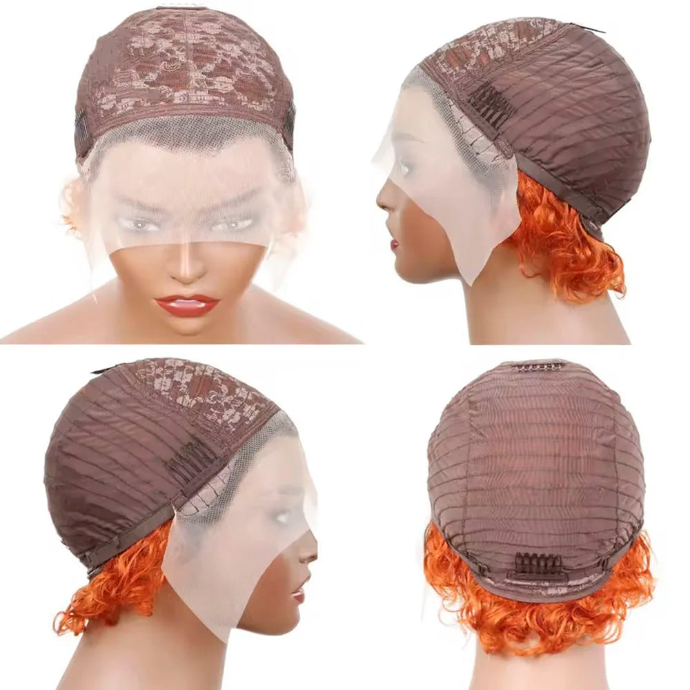 Brown Ombre Pixie Cut Wig Short Bob Curly Human Hair Wigs perruque bresillienne 99J Burgundy1B/Ginger Orange Water Deep Wave Wig