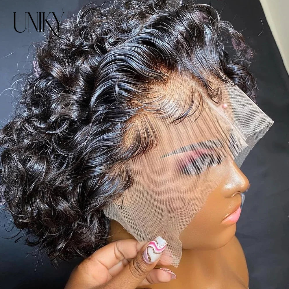 Brown Ombre Pixie Cut Wig Short Bob Curly Human Hair Wigs perruque bresillienne 99J Burgundy1B/Ginger Orange Water Deep Wave Wig