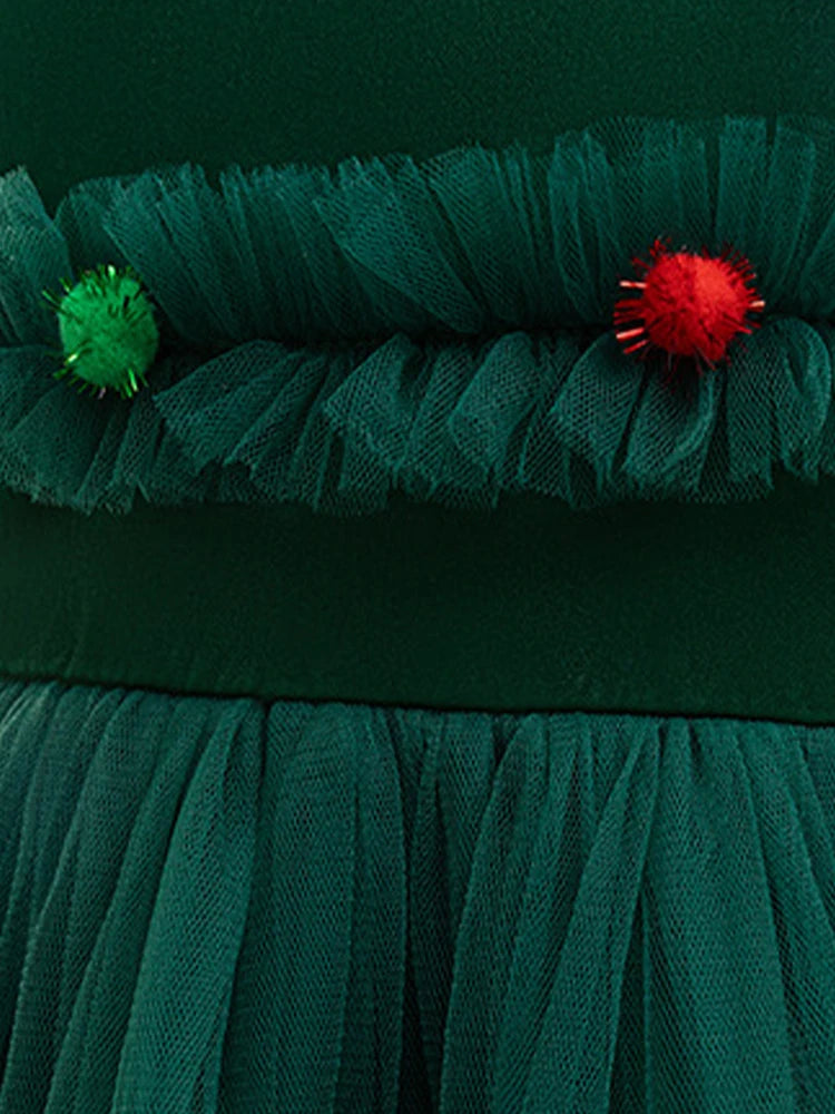 Merry Christmas Girls Princess Dress Cute Christmas Tree Mesh Puffy Christmas Party Costumes 2-10 Years Elegant Kids Clothes
