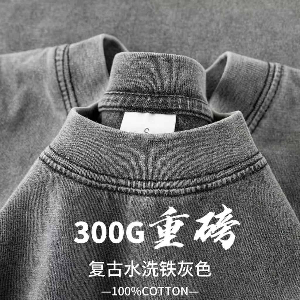 Custom Design DTG Printing Mens Oversized T-Shirt 300GSM Heavyweight Cotton Retro Washed Cotton Tee Hip Hop Style Streetwear