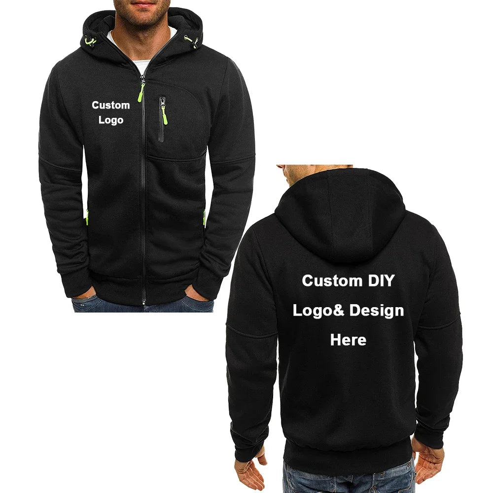 Men's hooded zipper jacket with pockets, custom logo image text, casual sports streetwear, men's cardigan wool sweater, fashion