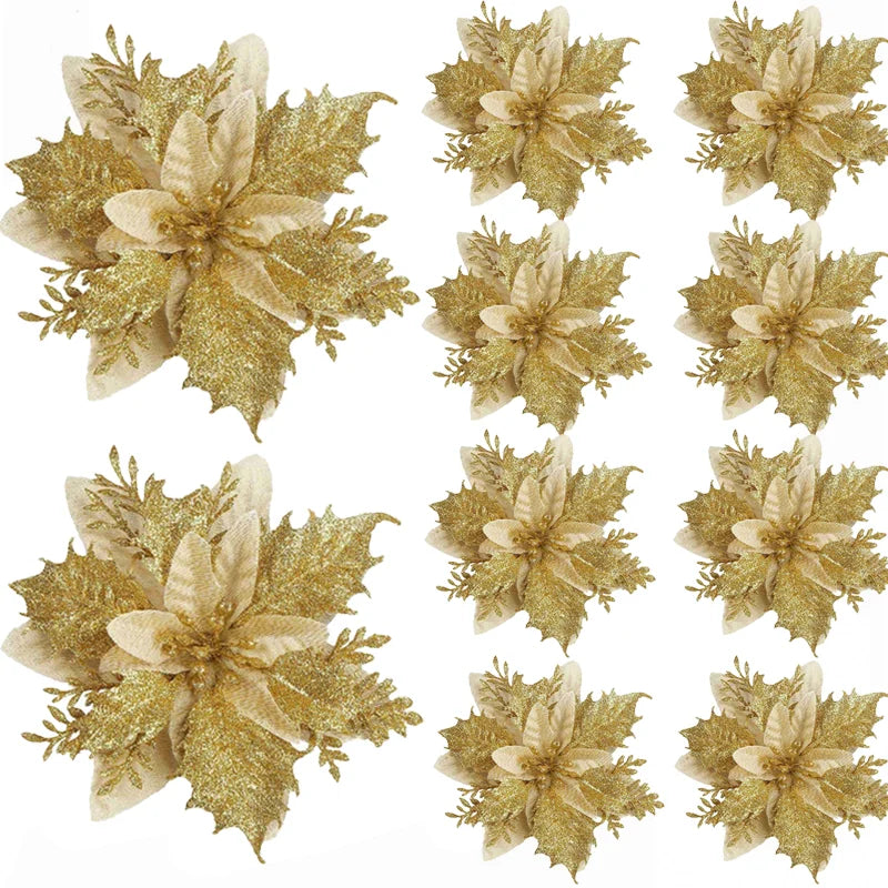 Christmas Tree Decorations Flowers Ornaments Red Glitter Artifical Flowers Xmas Tree Xmas Decoration Home