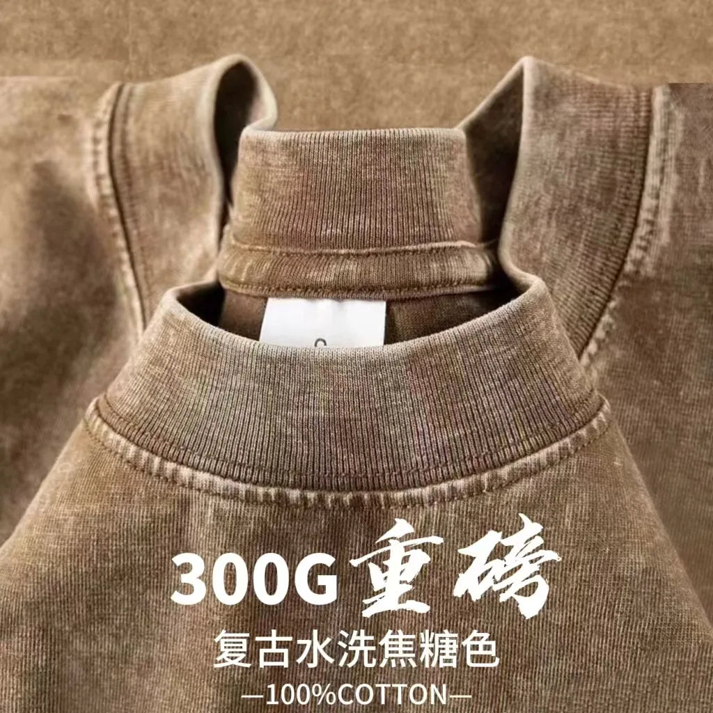 Custom Design DTG Printing Mens Oversized T-Shirt 300GSM Heavyweight Cotton Retro Washed Cotton Tee Hip Hop Style Streetwear