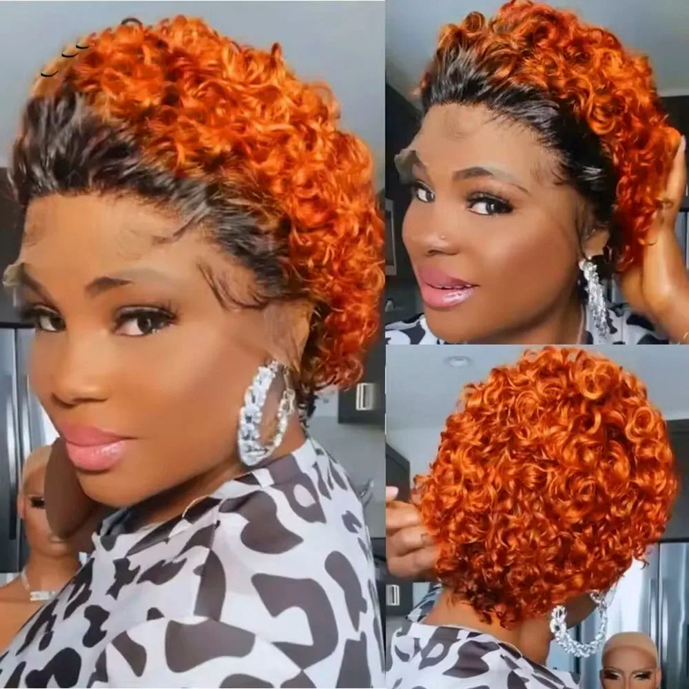 Brown Ombre Pixie Cut Wig Short Bob Curly Human Hair Wigs perruque bresillienne 99J Burgundy1B/Ginger Orange Water Deep Wave Wig