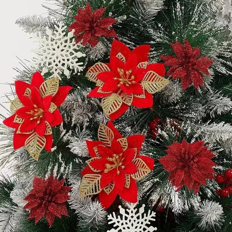 Christmas Tree Decorations Flowers Ornaments Red Glitter Artifical Flowers Xmas Tree Xmas Decoration Home