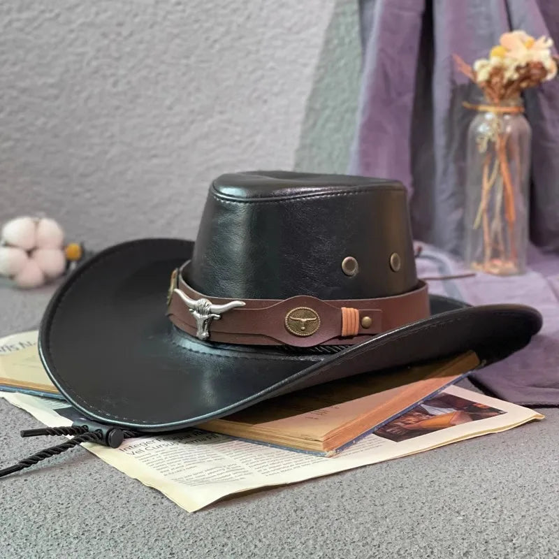 New Faux Leather Western Cowboy Hats For Women Men Vintage Gentleman Dress Hats Panama Cowgirl Jazz Cap Sombrero Hombre