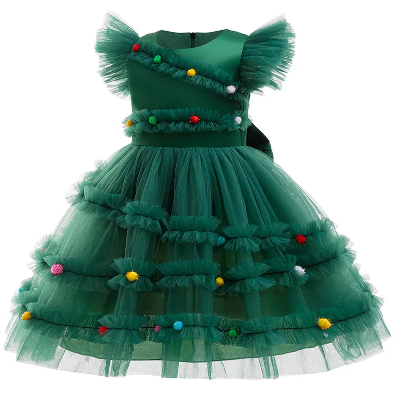 Merry Christmas Girls Princess Dress Cute Christmas Tree Mesh Puffy Christmas Party Costumes 2-10 Years Elegant Kids Clothes