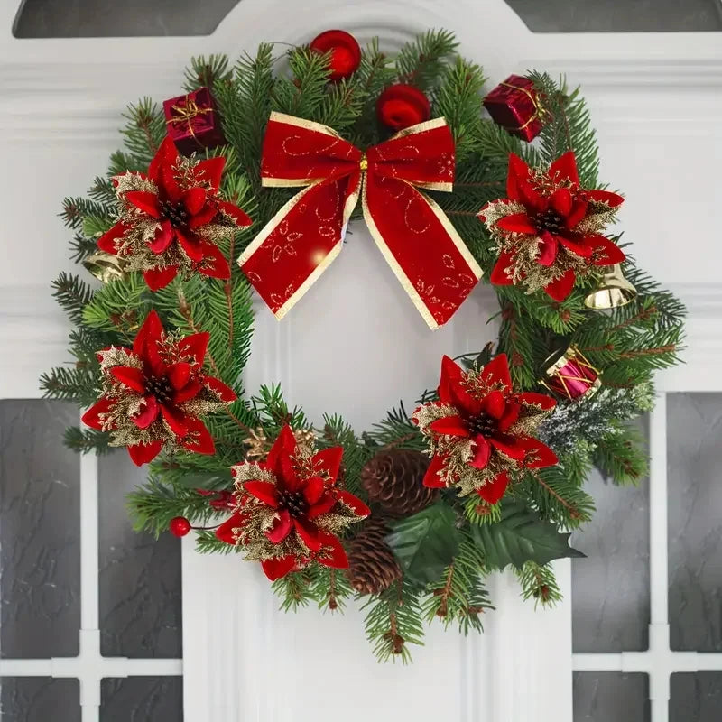 Christmas Tree Decorations Flowers Ornaments Red Glitter Artifical Flowers Xmas Tree Xmas Decoration Home