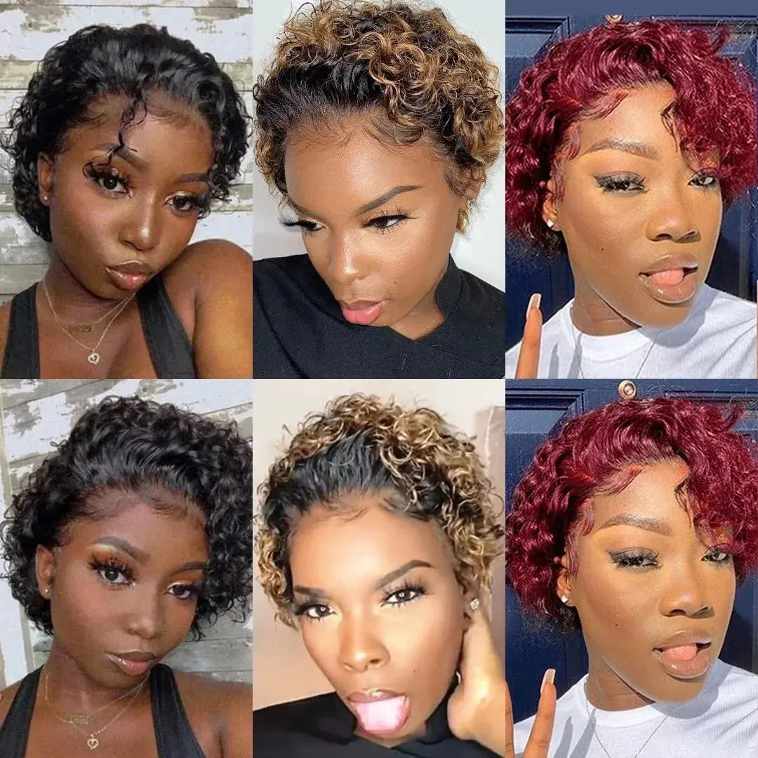 Brown Ombre Pixie Cut Wig Short Bob Curly Human Hair Wigs perruque bresillienne 99J Burgundy1B/Ginger Orange Water Deep Wave Wig