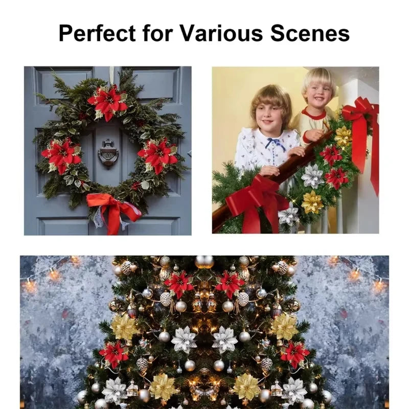 Christmas Tree Decorations Flowers Ornaments Red Glitter Artifical Flowers Xmas Tree Xmas Decoration Home