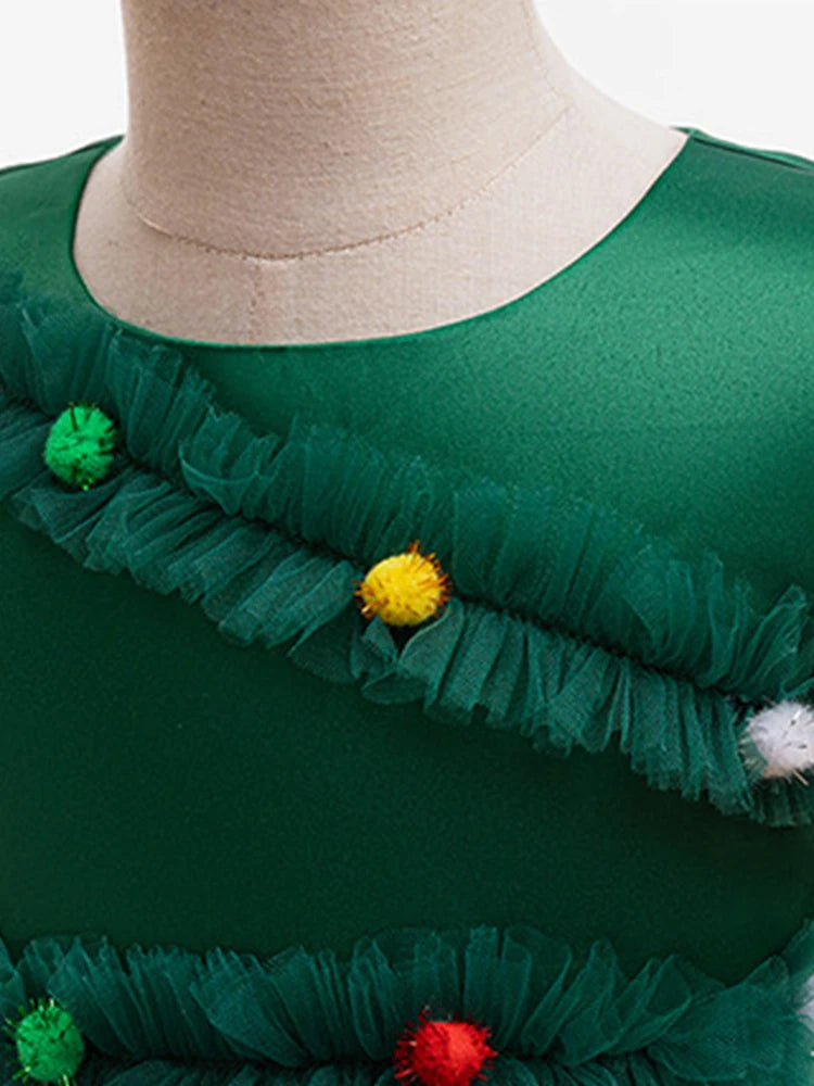 Merry Christmas Girls Princess Dress Cute Christmas Tree Mesh Puffy Christmas Party Costumes 2-10 Years Elegant Kids Clothes