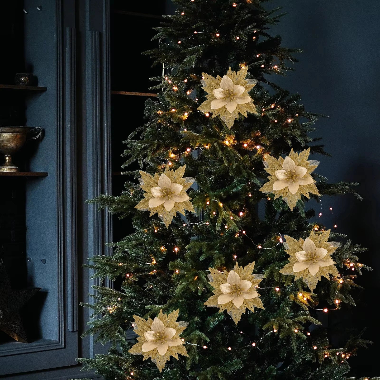 Christmas Tree Decorations Flowers Ornaments Red Glitter Artifical Flowers Xmas Tree Xmas Decoration Home