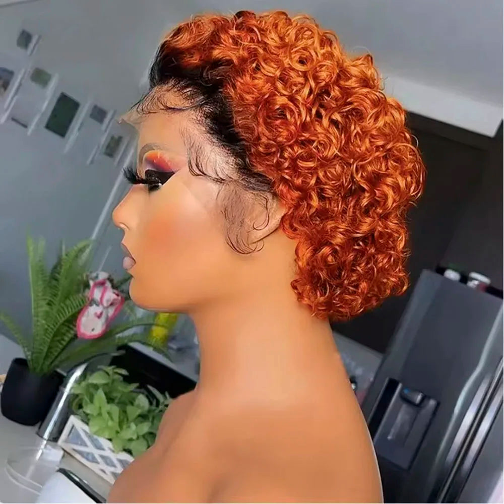 Brown Ombre Pixie Cut Wig Short Bob Curly Human Hair Wigs perruque bresillienne 99J Burgundy1B/Ginger Orange Water Deep Wave Wig