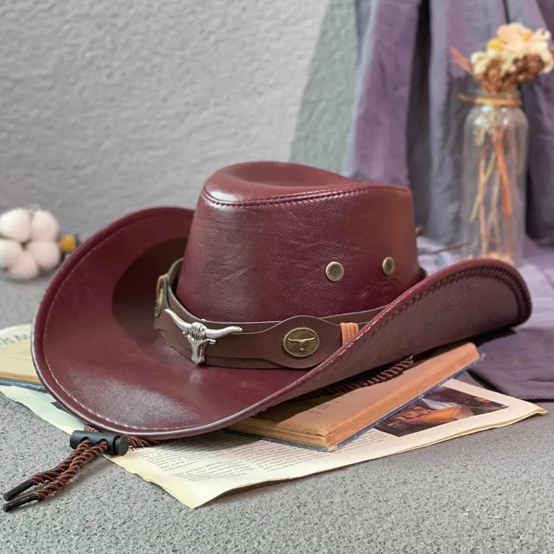 New Faux Leather Western Cowboy Hats For Women Men Vintage Gentleman Dress Hats Panama Cowgirl Jazz Cap Sombrero Hombre