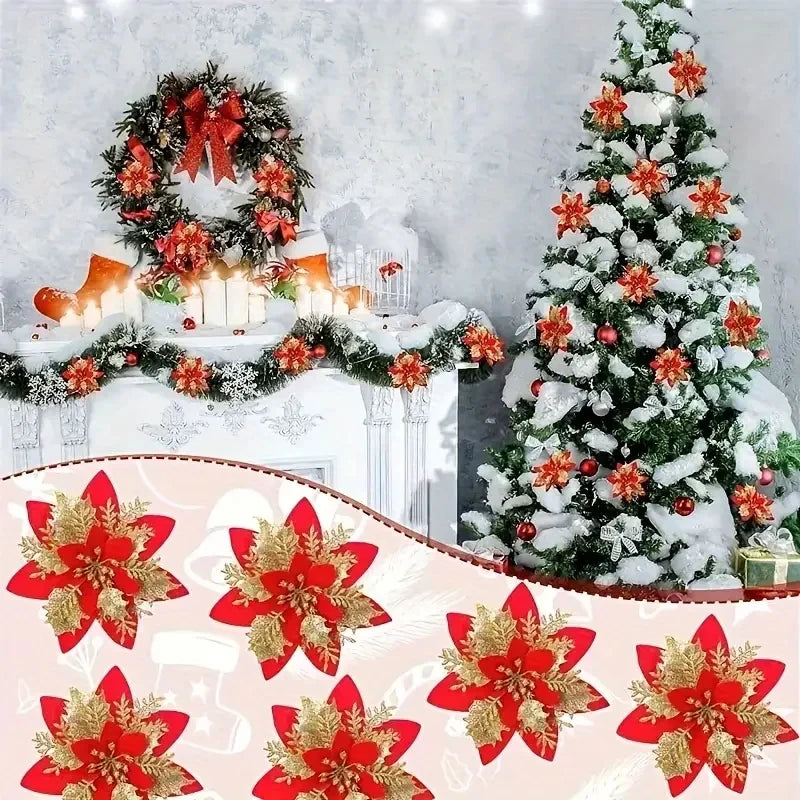 Christmas Tree Decorations Flowers Ornaments Red Glitter Artifical Flowers Xmas Tree Xmas Decoration Home