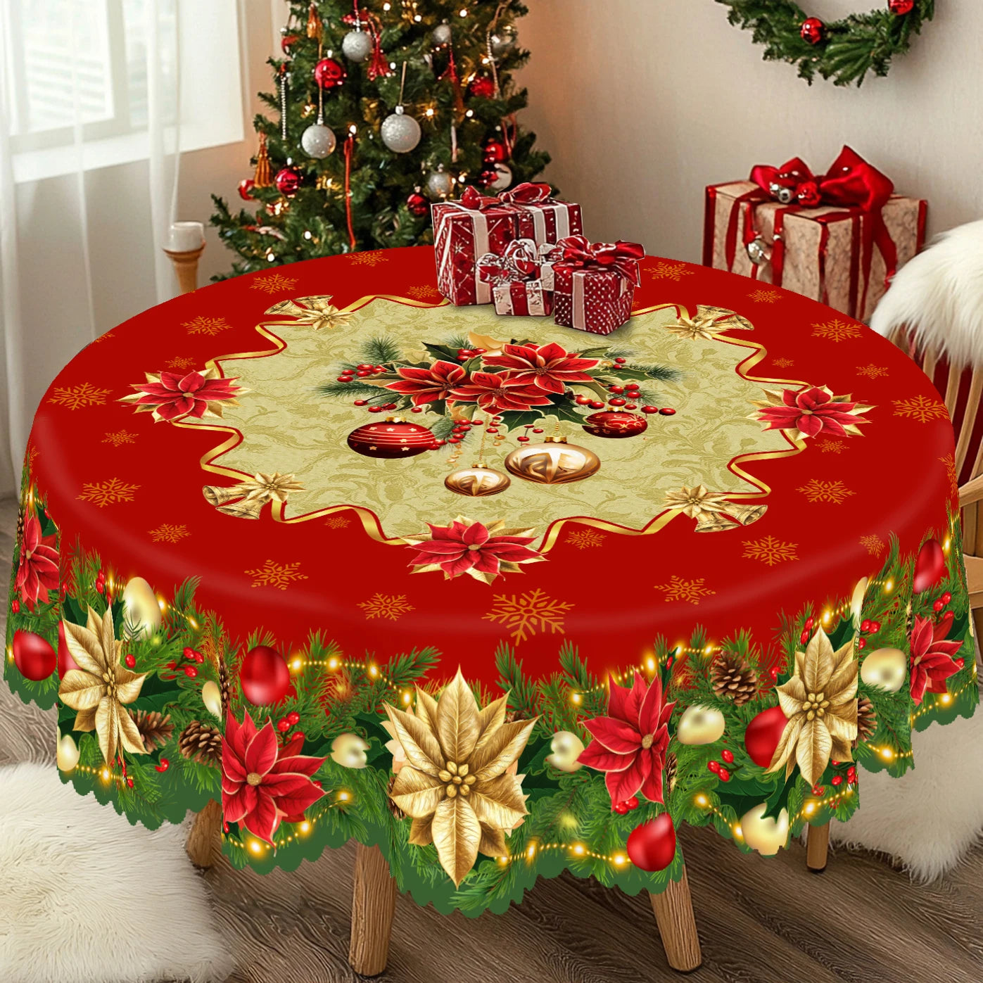 1 Christmas Themed Round and Rectangular Tablecloths, Available in Various Sizes, Christmas and New Year Decorative Tablecloths with Red and Gold First-Class Red and Gold Bell Pattern Christmas Tablecloths for Christmas Kitch