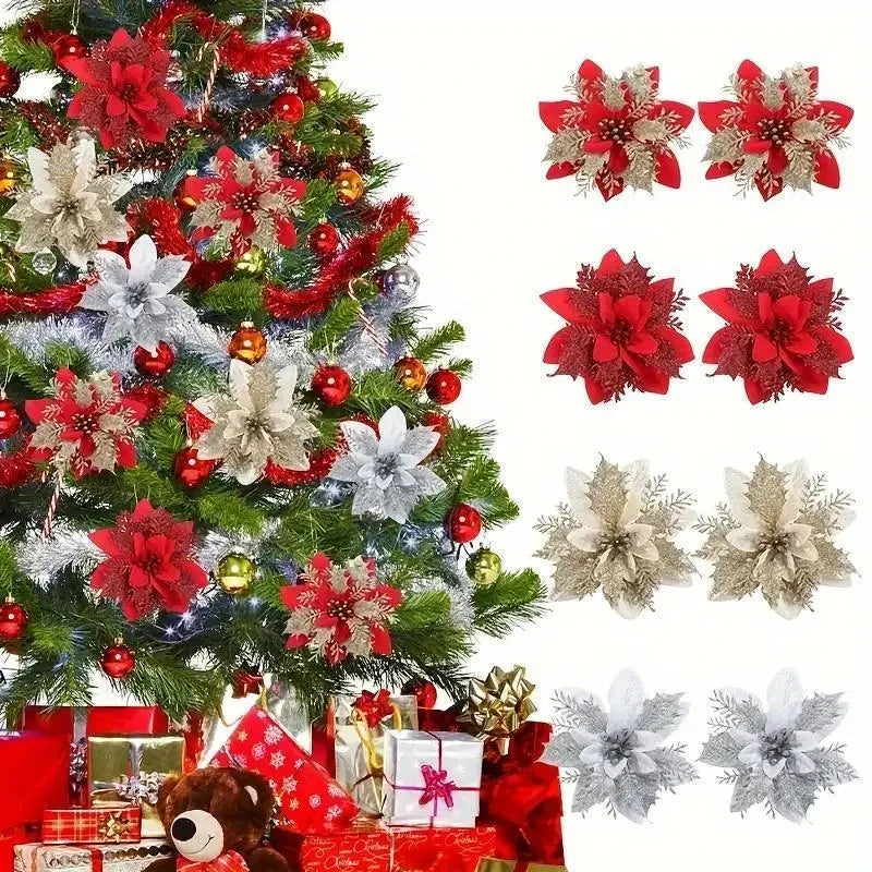 Christmas Tree Decorations Flowers Ornaments Red Glitter Artifical Flowers Xmas Tree Xmas Decoration Home