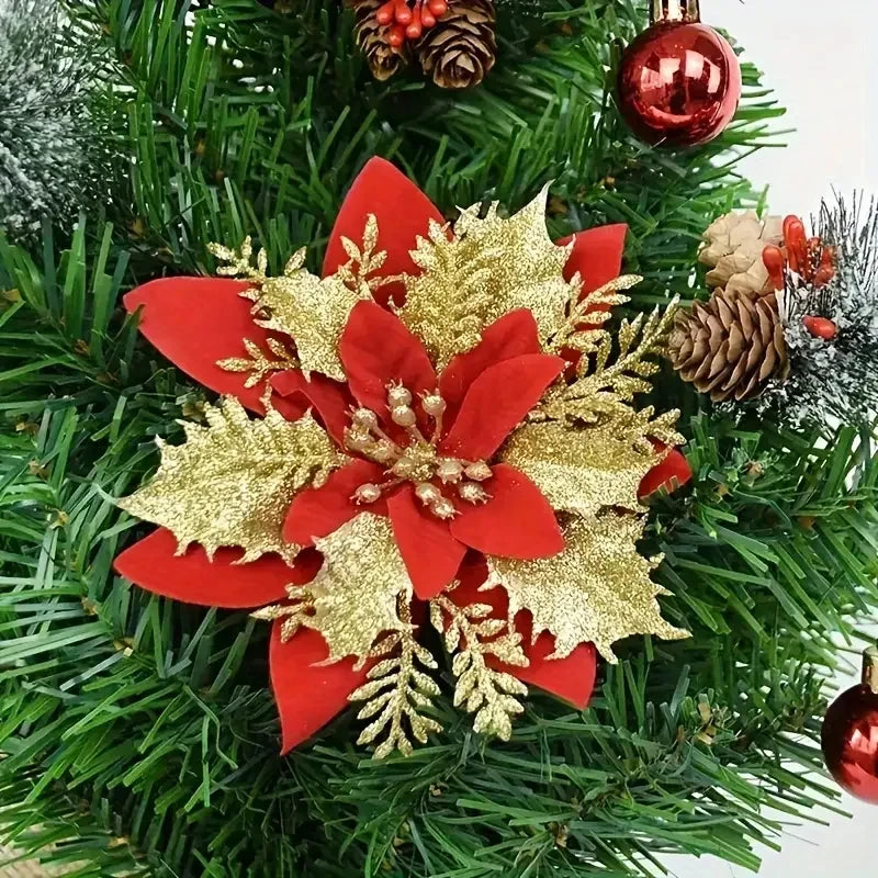 Christmas Tree Decorations Flowers Ornaments Red Glitter Artifical Flowers Xmas Tree Xmas Decoration Home