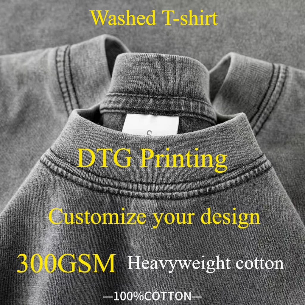 Custom Design DTG Printing Mens Oversized T-Shirt 300GSM Heavyweight Cotton Retro Washed Cotton Tee Hip Hop Style Streetwear