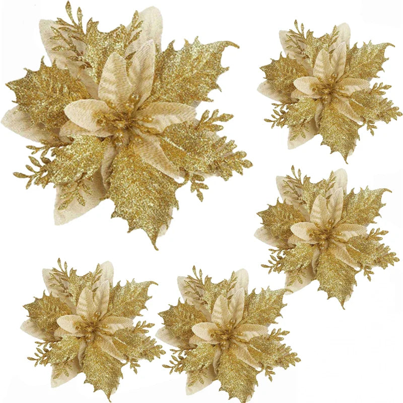 Christmas Tree Decorations Flowers Ornaments Red Glitter Artifical Flowers Xmas Tree Xmas Decoration Home