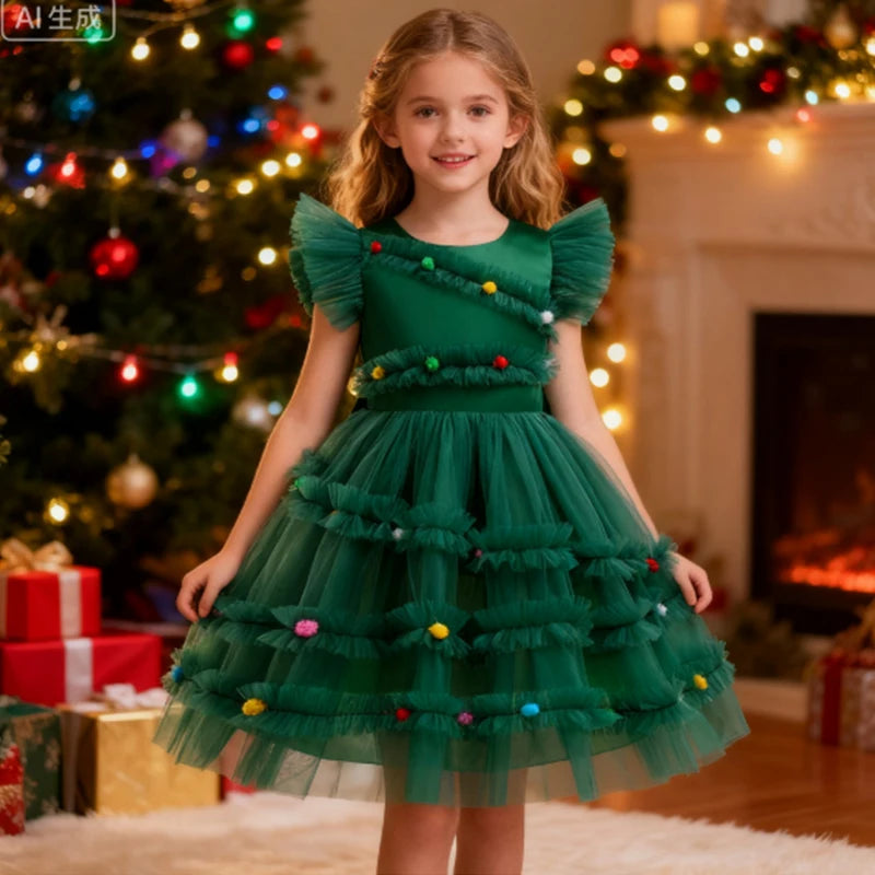 Merry Christmas Girls Princess Dress Cute Christmas Tree Mesh Puffy Christmas Party Costumes 2-10 Years Elegant Kids Clothes