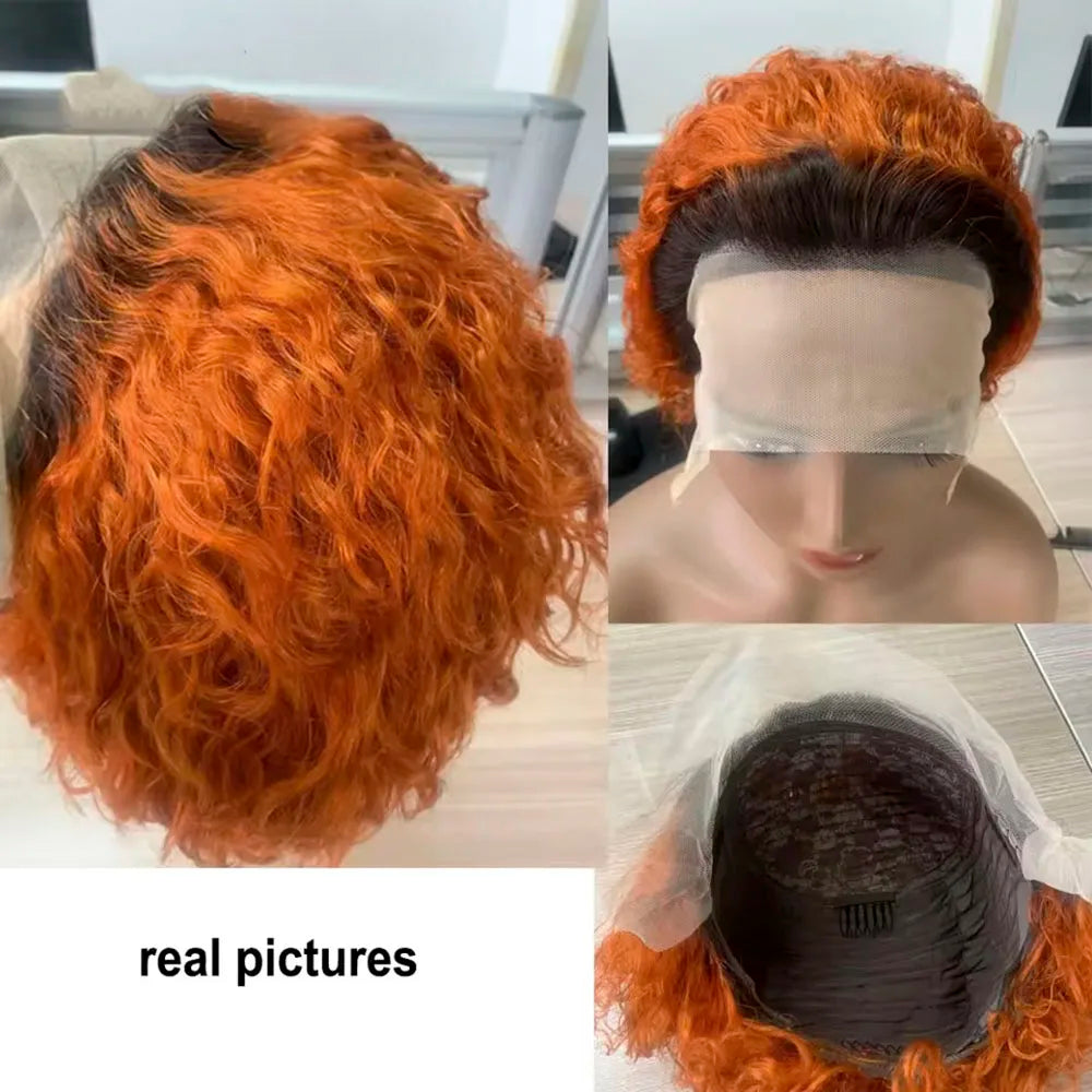 Brown Ombre Pixie Cut Wig Short Bob Curly Human Hair Wigs perruque bresillienne 99J Burgundy1B/Ginger Orange Water Deep Wave Wig
