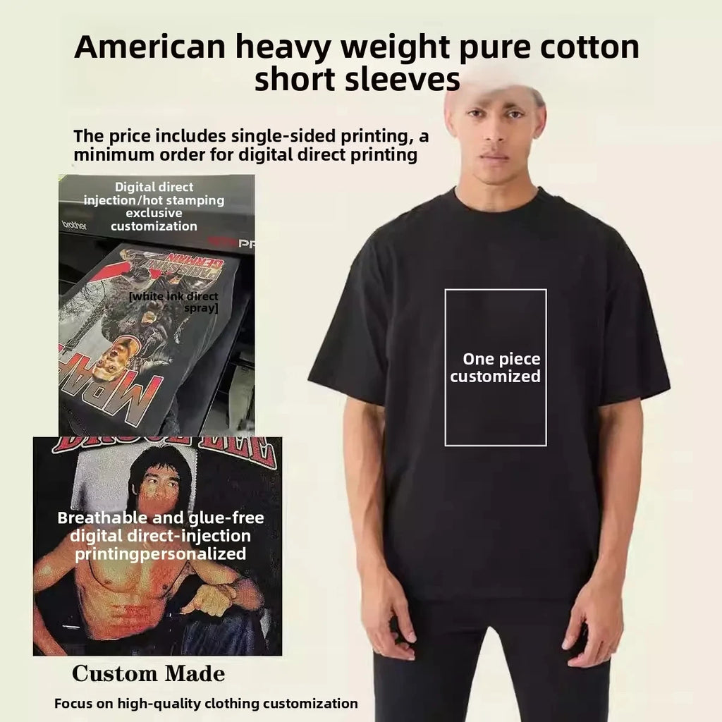 Custom Design DTG Printing Mens Oversized T-Shirt 300GSM Heavyweight Cotton Retro Washed Cotton Tee Hip Hop Style Streetwear