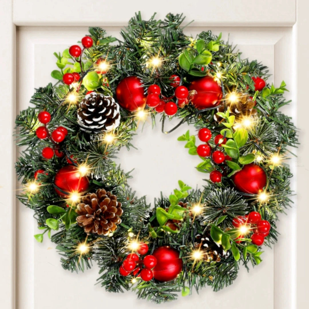Elegant Red Christmas Wreath LED PVC Red Fruit Christmas Wreath Window Door Wall Ornament Decorations Home Halloween Decor Gifts