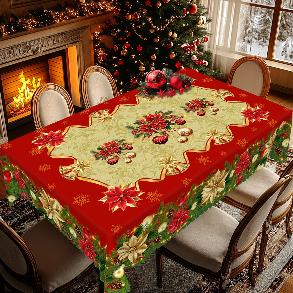 1 Christmas Themed Round and Rectangular Tablecloths, Available in Various Sizes, Christmas and New Year Decorative Tablecloths with Red and Gold First-Class Red and Gold Bell Pattern Christmas Tablecloths for Christmas Kitch