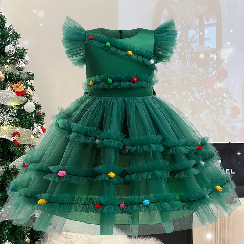 Merry Christmas Girls Princess Dress Cute Christmas Tree Mesh Puffy Christmas Party Costumes 2-10 Years Elegant Kids Clothes