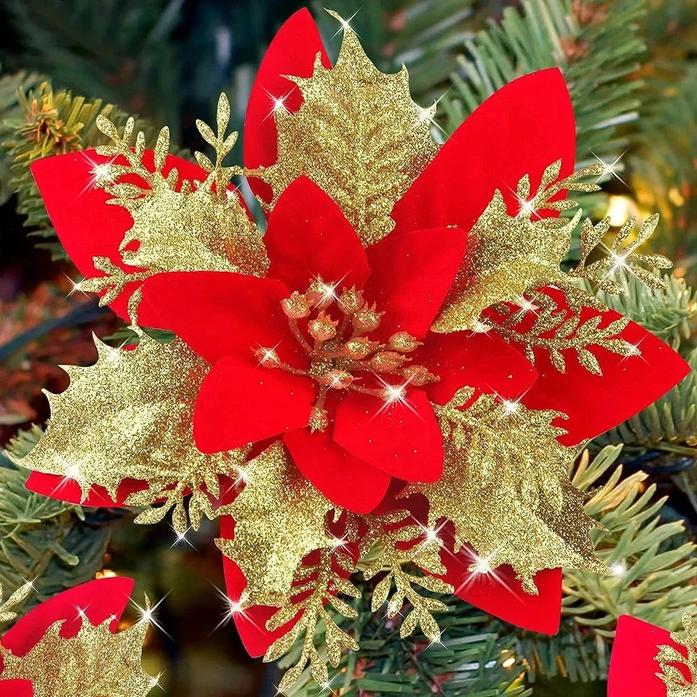 Christmas Tree Decorations Flowers Ornaments Red Glitter Artifical Flowers Xmas Tree Xmas Decoration Home