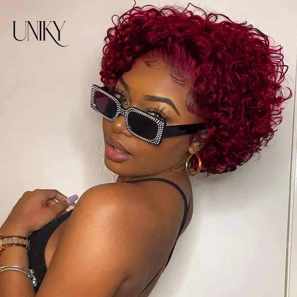 Brown Ombre Pixie Cut Wig Short Bob Curly Human Hair Wigs perruque bresillienne 99J Burgundy1B/Ginger Orange Water Deep Wave Wig
