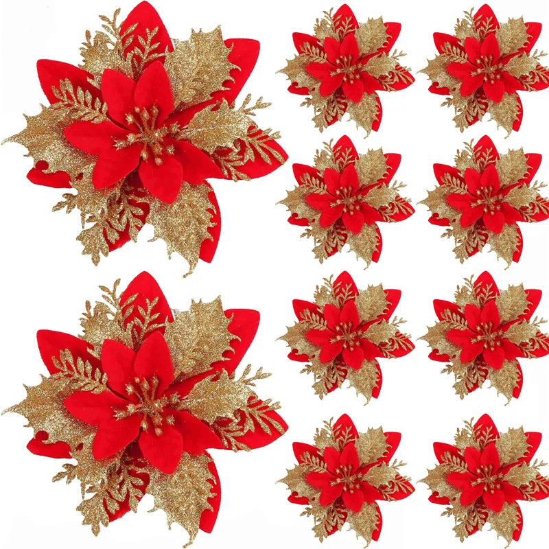 Christmas Tree Decorations Flowers Ornaments Red Glitter Artifical Flowers Xmas Tree Xmas Decoration Home