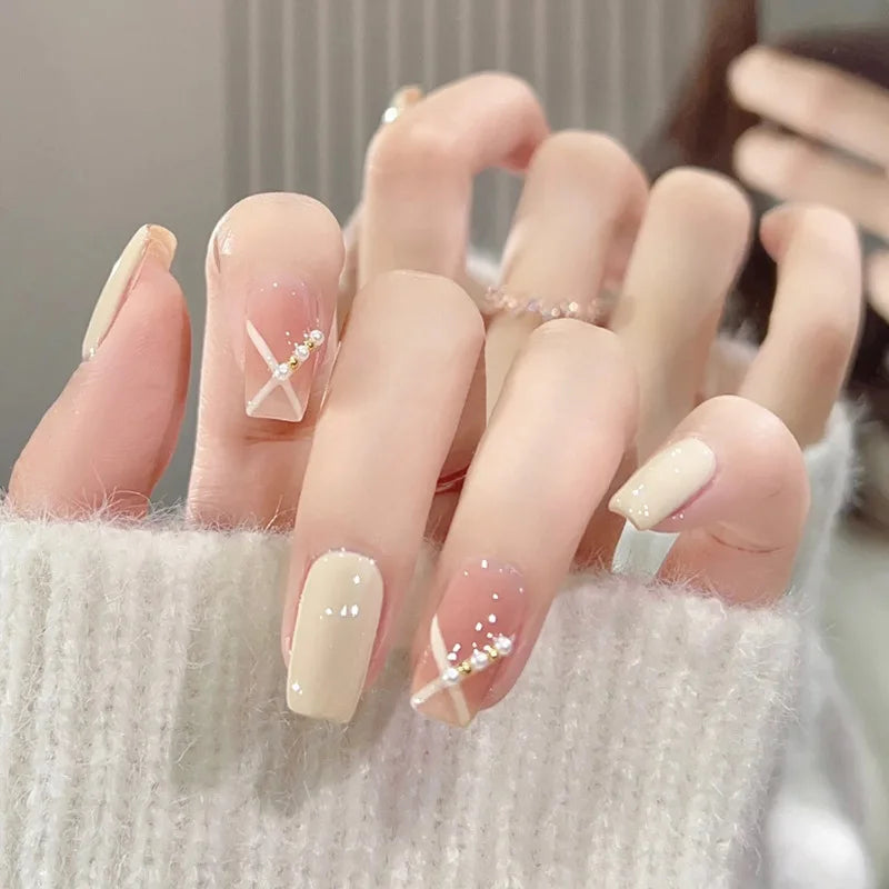 24pcs Long Fake Nails With Jelly Glue French Ballerina Nails Tips Waterproof Faux Medium Coffin false nails Fingernails Press on