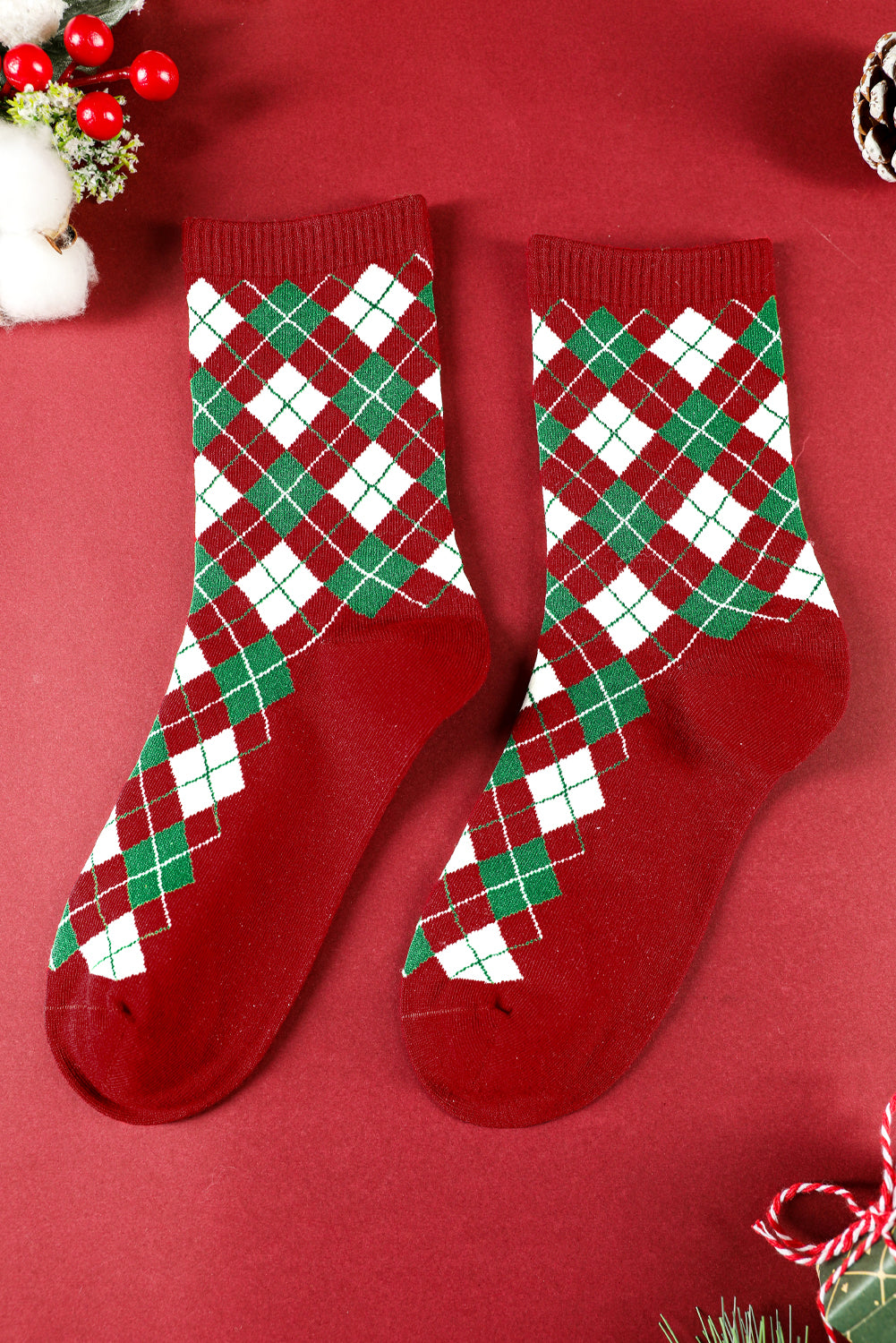 Fiery Red Classic Christmas Argyle Print Socks