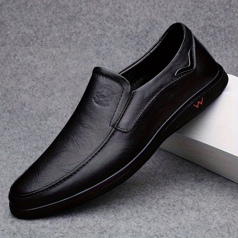 CLOHOO Men's Slip-On/Slip-Resistant Genuine Leather-like (Split Cowhide) Shoes - All-Season Casual & Dressy -like Sneakers with PU, Non-Skid Rubber Sole, Black/Brown for Business, Vacation, Casual Attire (No Laces)