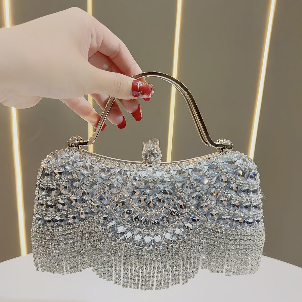 4pcs Set Water Brick Evening Dress with Hand-held Crossbody Lady's Dinner Bag, Necklace, Earrings, Bracelet and Ring for Parties, Weddings, Dances and Vacations