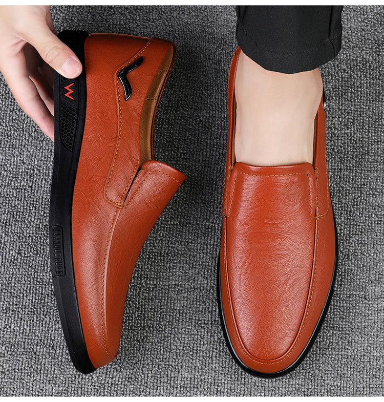 CLOHOO Men's Slip-On/Slip-Resistant Genuine Leather-like (Split Cowhide) Shoes - All-Season Casual & Dressy -like Sneakers with PU, Non-Skid Rubber Sole, Black/Brown for Business, Vacation, Casual Attire (No Laces)