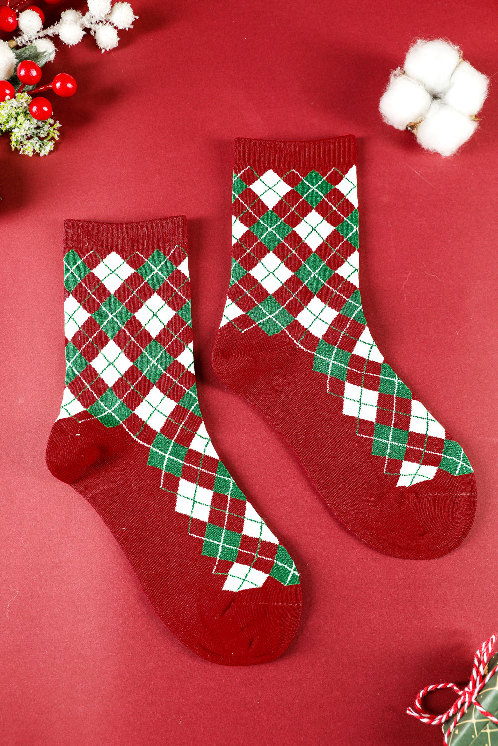 Fiery Red Classic Christmas Argyle Print Socks