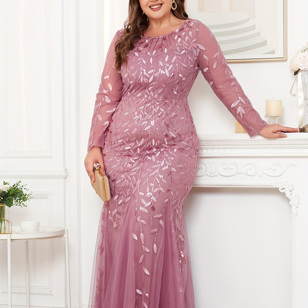 Elegant Plus Size Women's Long Sleeve Embroidered Gown - Round Neck, Zipper Closure, Mermaid Tail, Purple Sequin Evening Dress for Formal Events