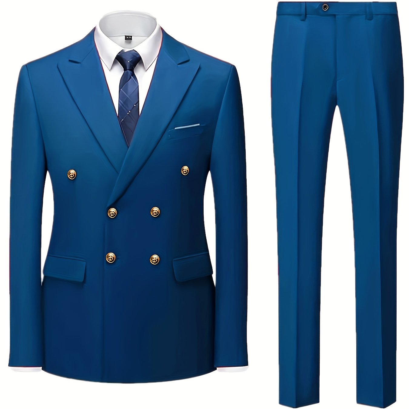 Men's Slim Fit Light Blue Double-Breasted Blazer & Pants Set - Elegant Evening Dress Suit for Business or Formal Occasions, 2pcs Polyester Fabric Outfit with Lapel Collar and Button Details, Formal Wear|Sleek Suit Design|Gold