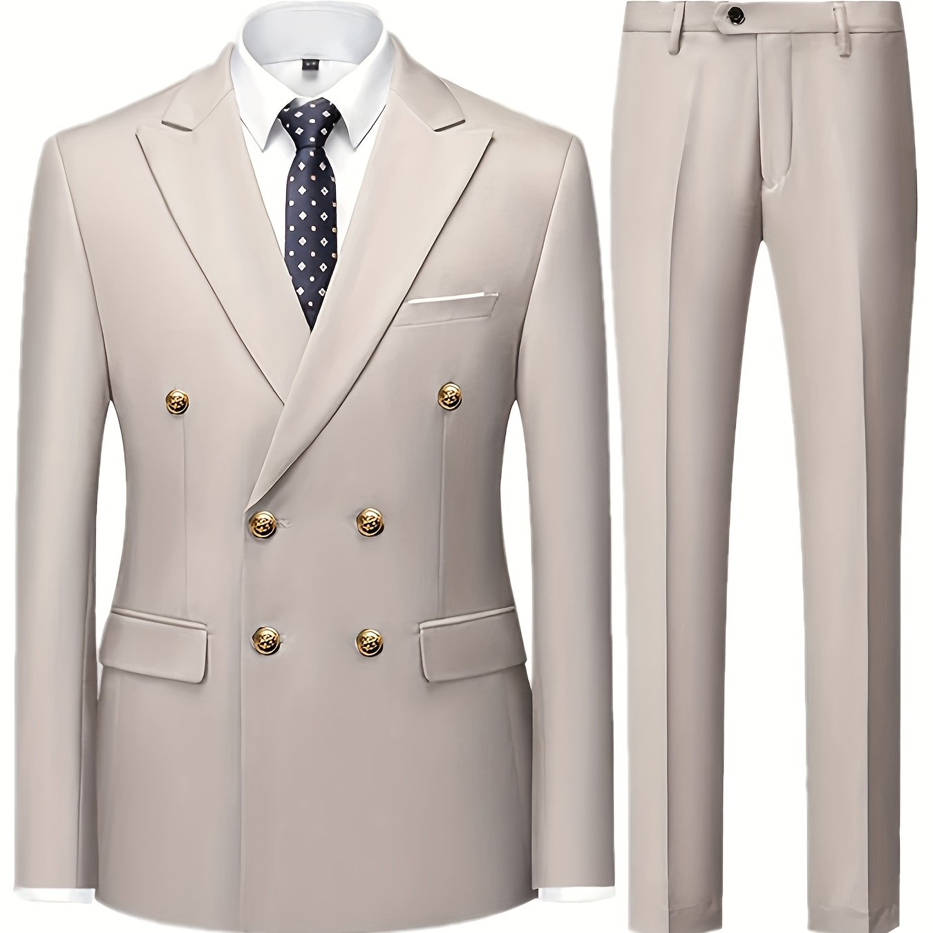 Men's Slim Fit Light Blue Double-Breasted Blazer & Pants Set - Elegant Evening Dress Suit for Business or Formal Occasions, 2pcs Polyester Fabric Outfit with Lapel Collar and Button Details, Formal Wear|Sleek Suit Design|Gold