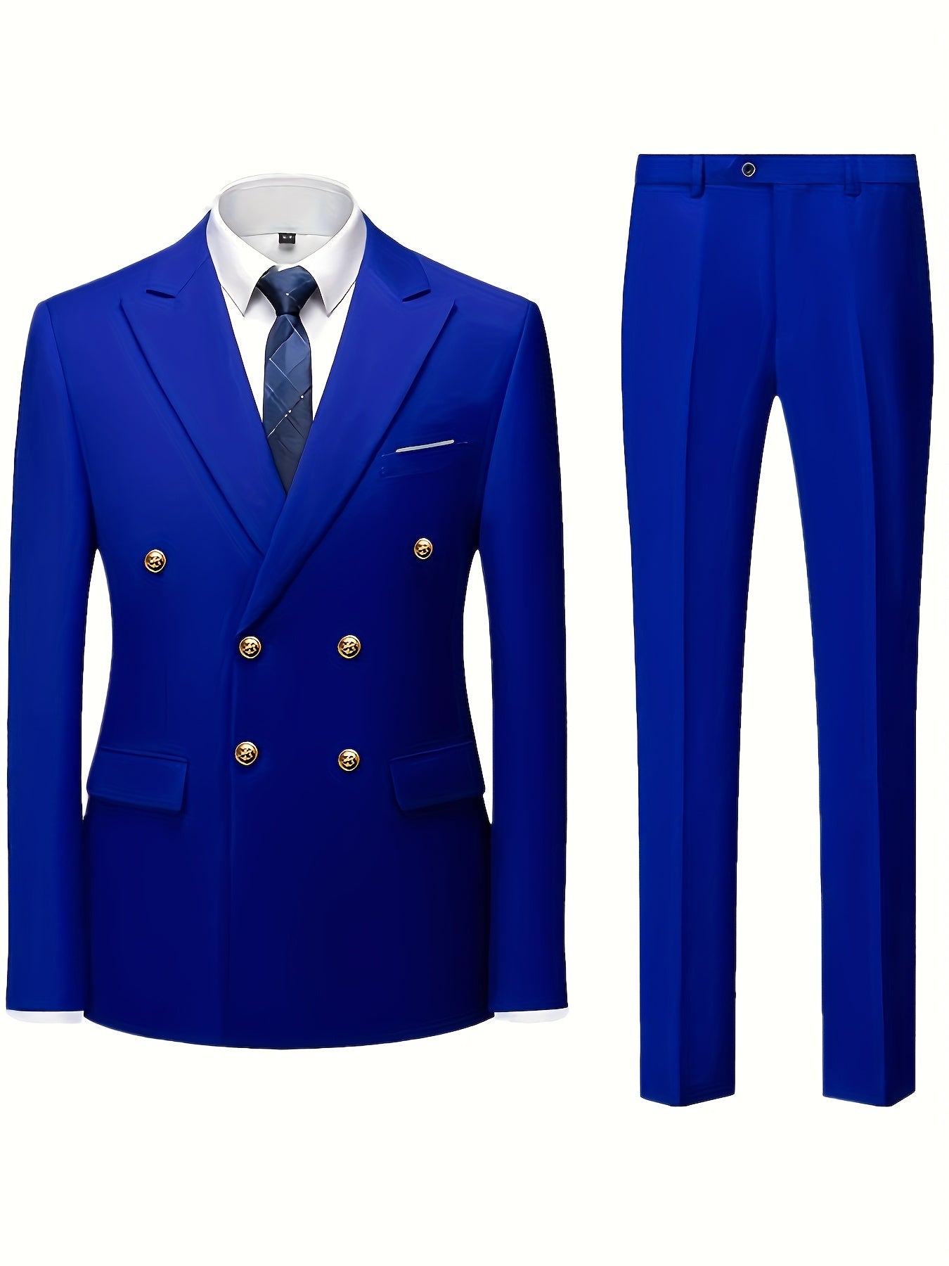 Men's Slim Fit Light Blue Double-Breasted Blazer & Pants Set - Elegant Evening Dress Suit for Business or Formal Occasions, 2pcs Polyester Fabric Outfit with Lapel Collar and Button Details, Formal Wear|Sleek Suit Design|Gold