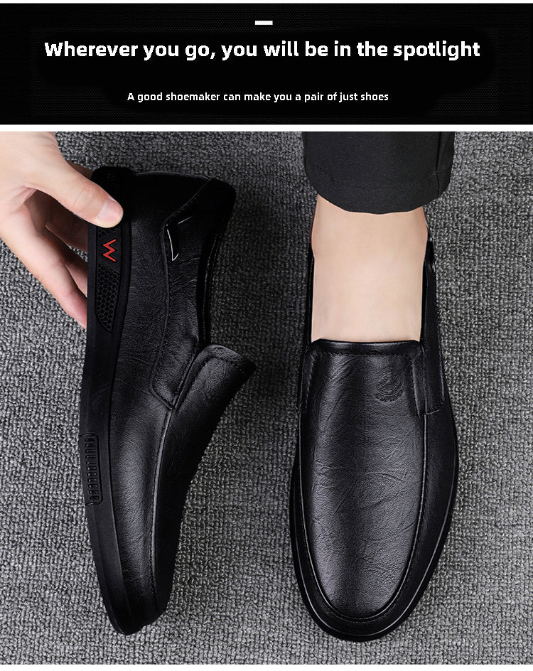 CLOHOO Men's Slip-On/Slip-Resistant Genuine Leather-like (Split Cowhide) Shoes - All-Season Casual & Dressy -like Sneakers with PU, Non-Skid Rubber Sole, Black/Brown for Business, Vacation, Casual Attire (No Laces)