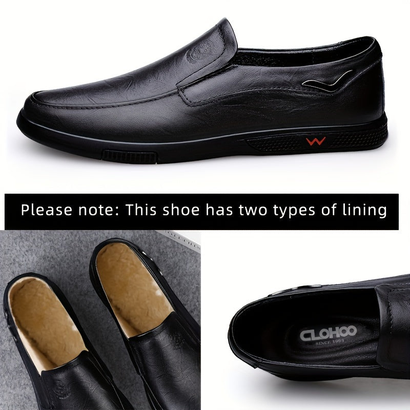CLOHOO Men's Slip-On/Slip-Resistant Genuine Leather-like (Split Cowhide) Shoes - All-Season Casual & Dressy -like Sneakers with PU, Non-Skid Rubber Sole, Black/Brown for Business, Vacation, Casual Attire (No Laces)