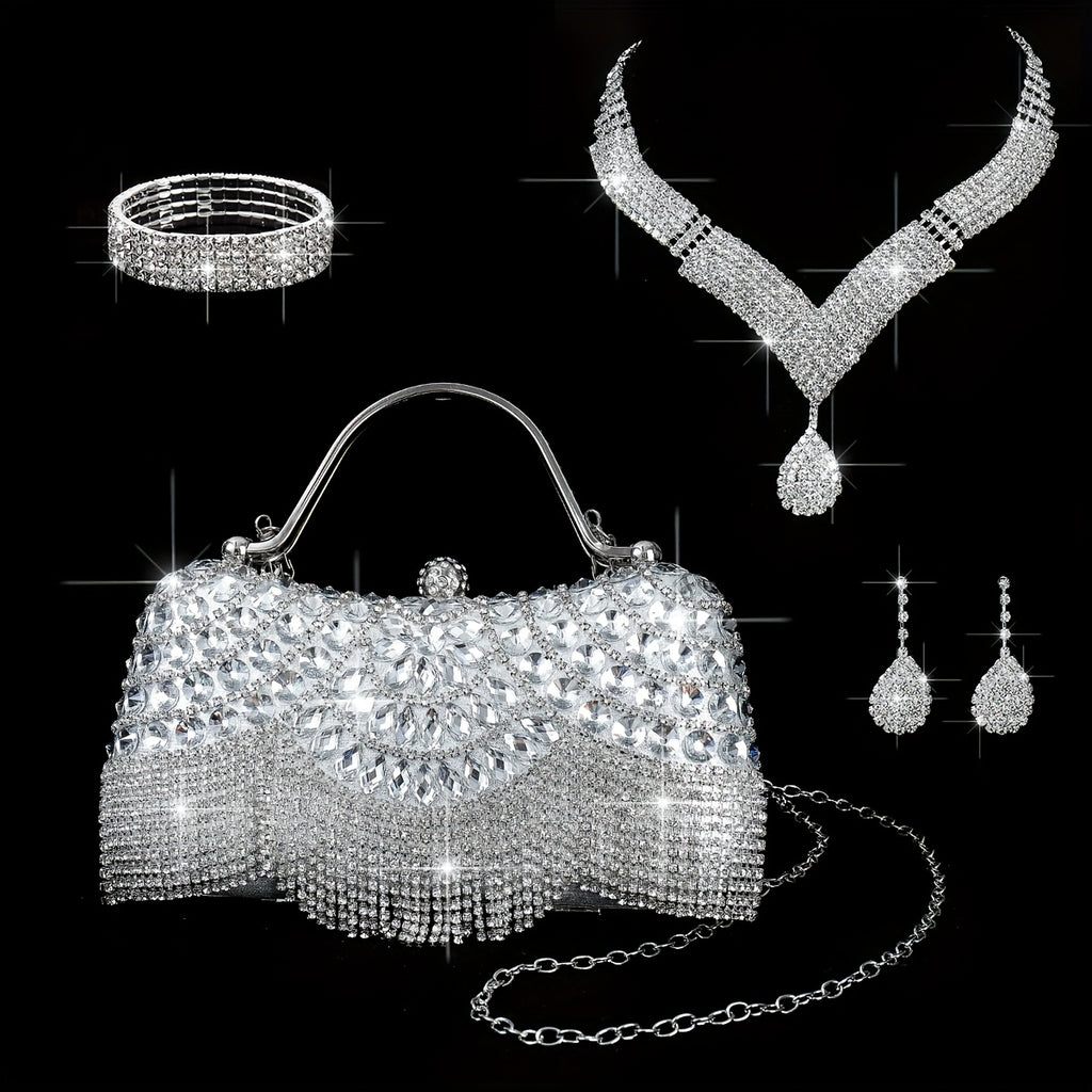 4pcs Set Water Brick Evening Dress with Hand-held Crossbody Lady's Dinner Bag, Necklace, Earrings, Bracelet and Ring for Parties, Weddings, Dances and Vacations