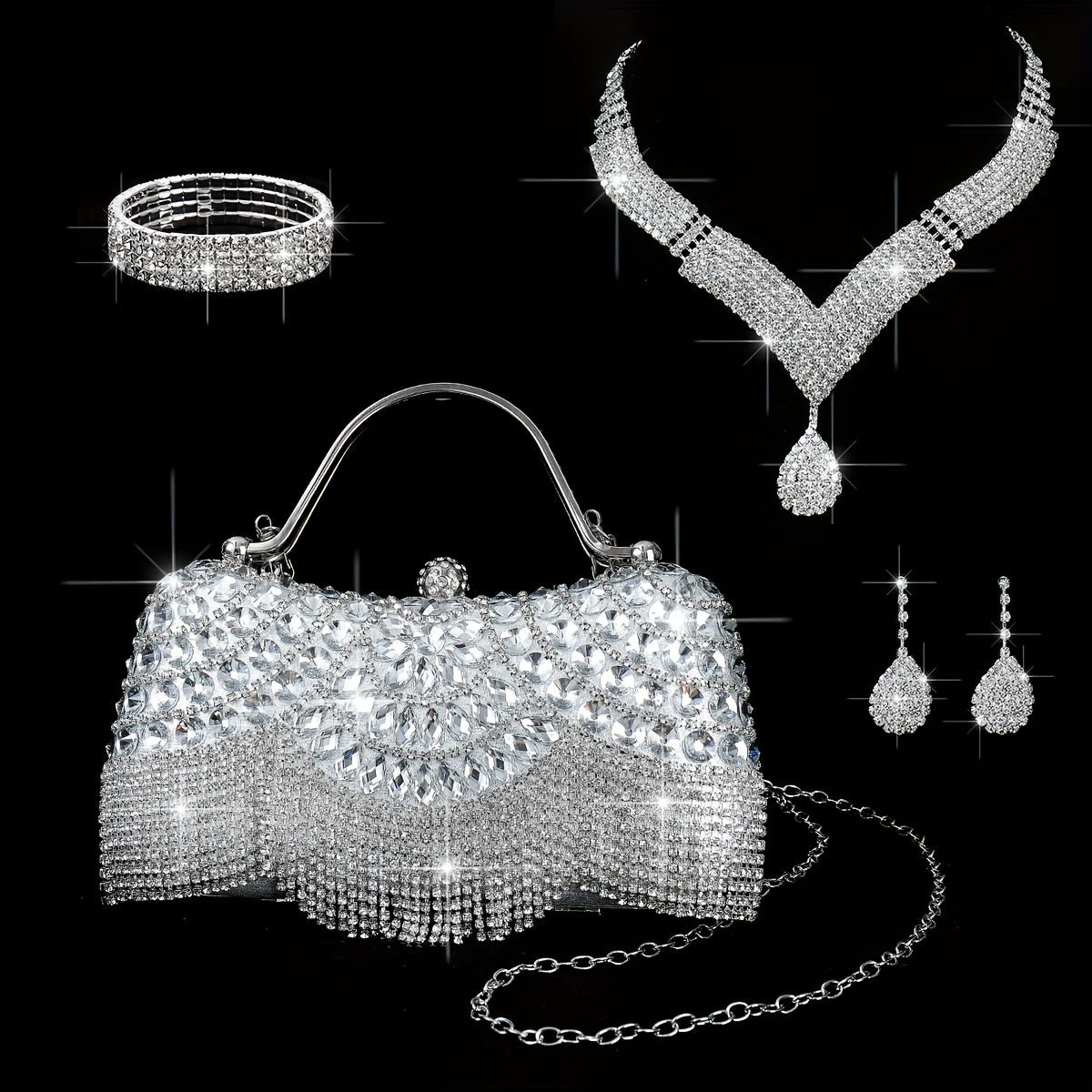 4pcs Set Water Brick Evening Dress with Hand-held Crossbody Lady's Dinner Bag, Necklace, Earrings, Bracelet and Ring for Parties, Weddings, Dances and Vacations