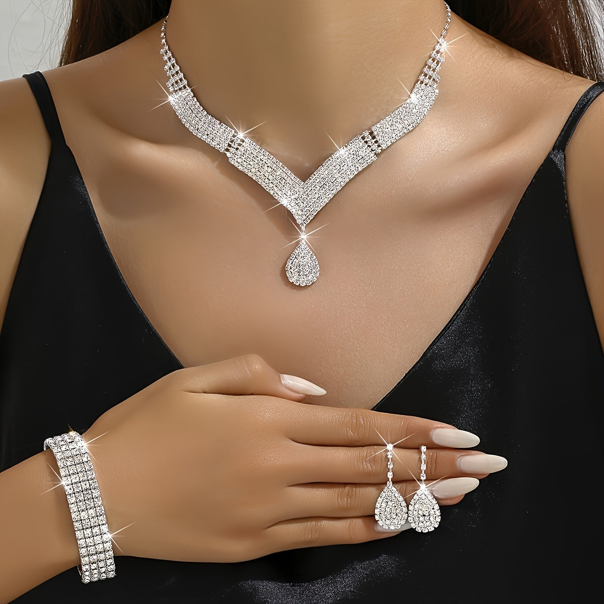 4pcs Set Water Brick Evening Dress with Hand-held Crossbody Lady's Dinner Bag, Necklace, Earrings, Bracelet and Ring for Parties, Weddings, Dances and Vacations