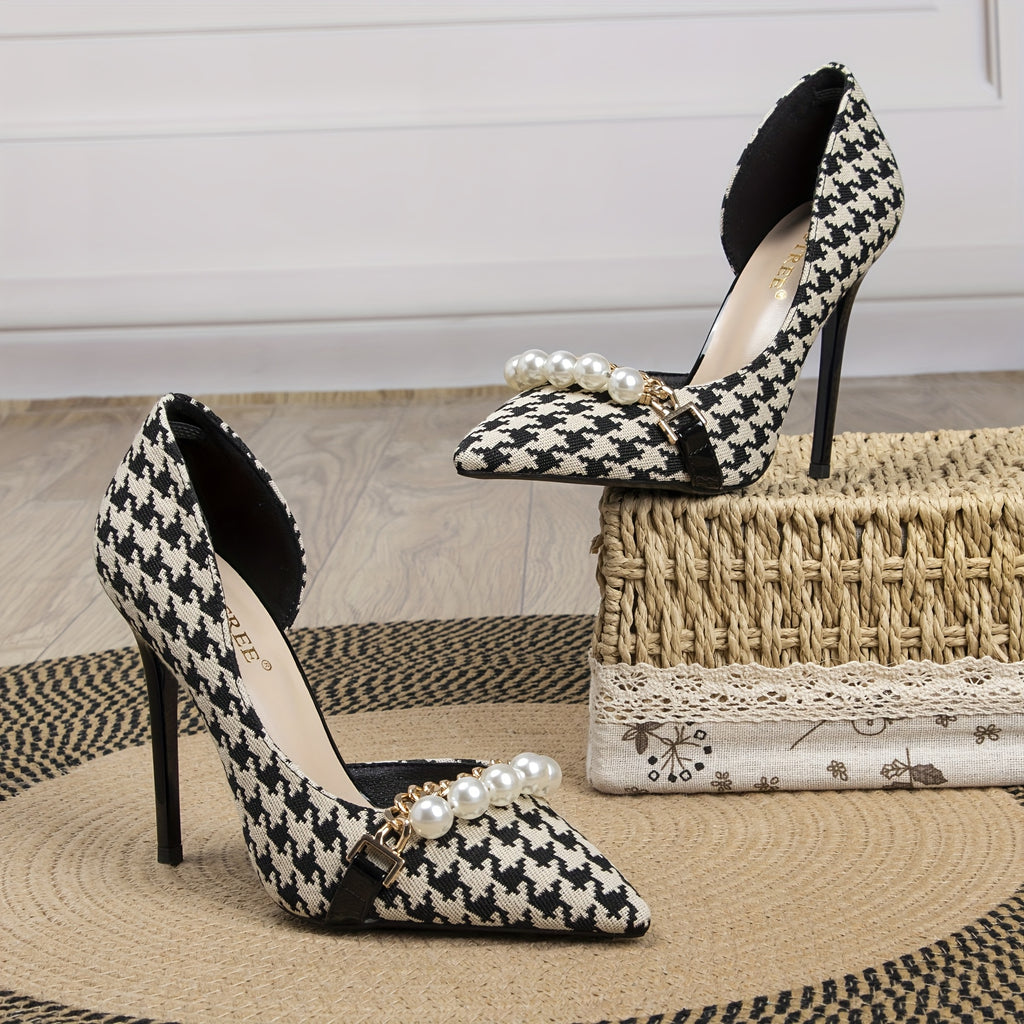 Elegant Women's Black Houndstooth Stiletto Heels with Faux Pearl & Metal Chain Accents - Pointed Toe, High-Quality Canvas & PU Cover, Durable Rubber Sole - Ideal for Weddings, Parties, Office & Dates, High Heels for Wedding,