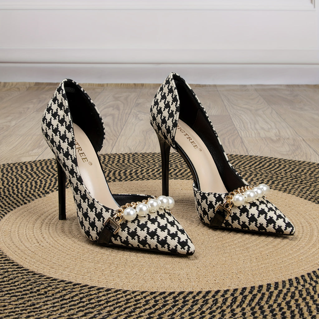 Elegant Women's Black Houndstooth Stiletto Heels with Faux Pearl & Metal Chain Accents - Pointed Toe, High-Quality Canvas & PU Cover, Durable Rubber Sole - Ideal for Weddings, Parties, Office & Dates, High Heels for Wedding,